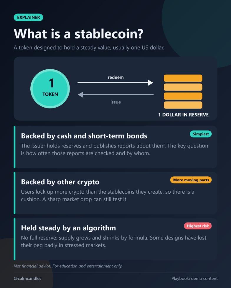 A stablecoin is a token designed to hold a steady value, usually one US dollar. People use them to move value around or to step out of more volatile assets.

They are not all built the same way. The card covers the three main designs and the risk each one carries. The short version: ask what is backing it, and how you would know.

Not financial advice — for education and entertainment only.